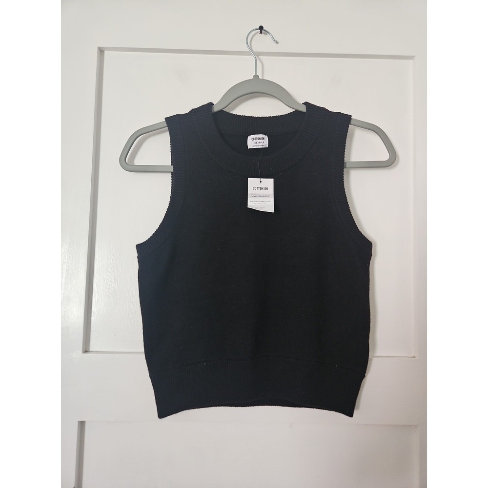 Cotton On Everfine Crew Neck Vest Black Knit Cropped Sweater Vest NWT Size XS